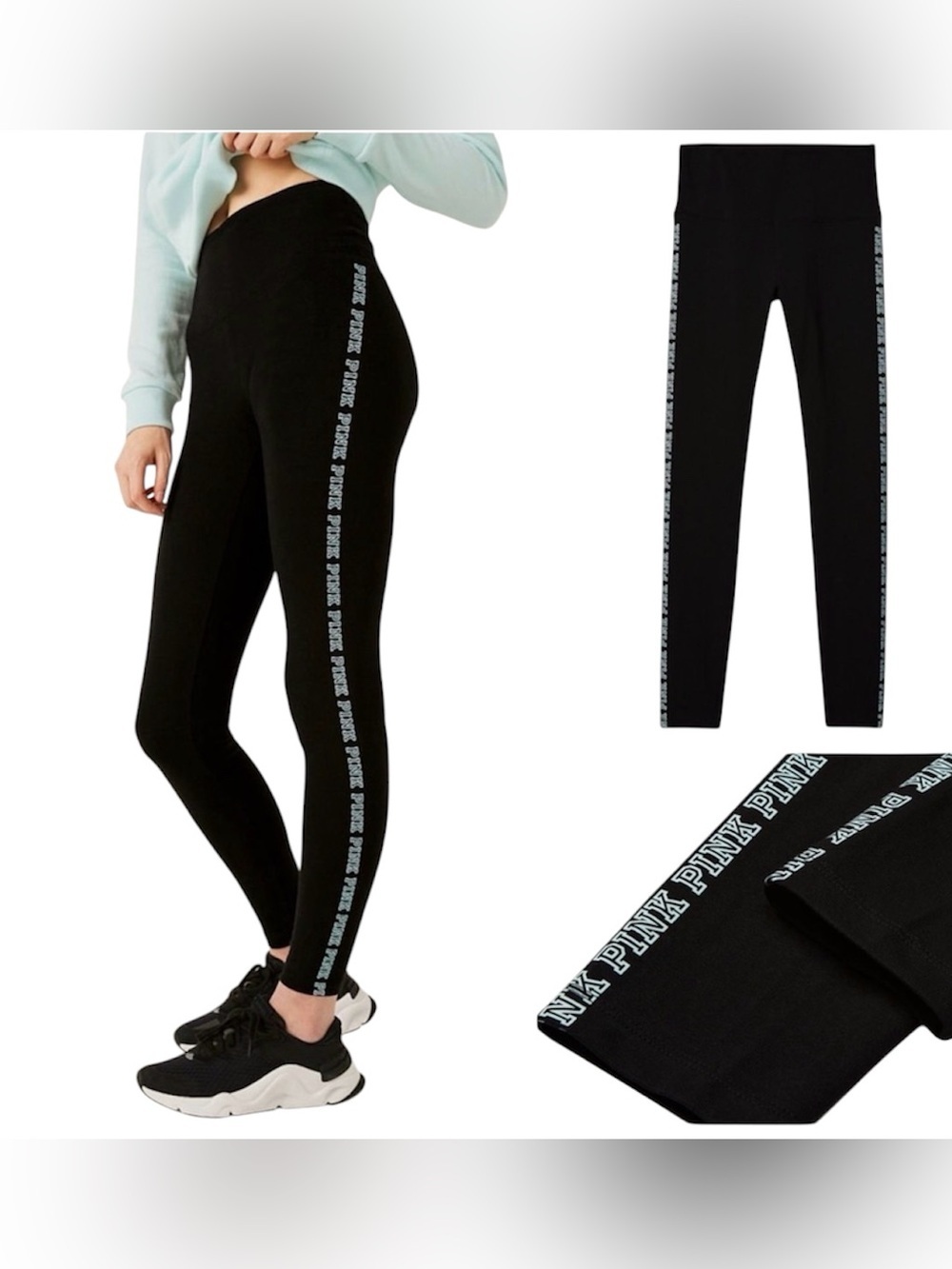 PINK Victoria’s Secret Logo Tape Side Stripe Black Leggings XS